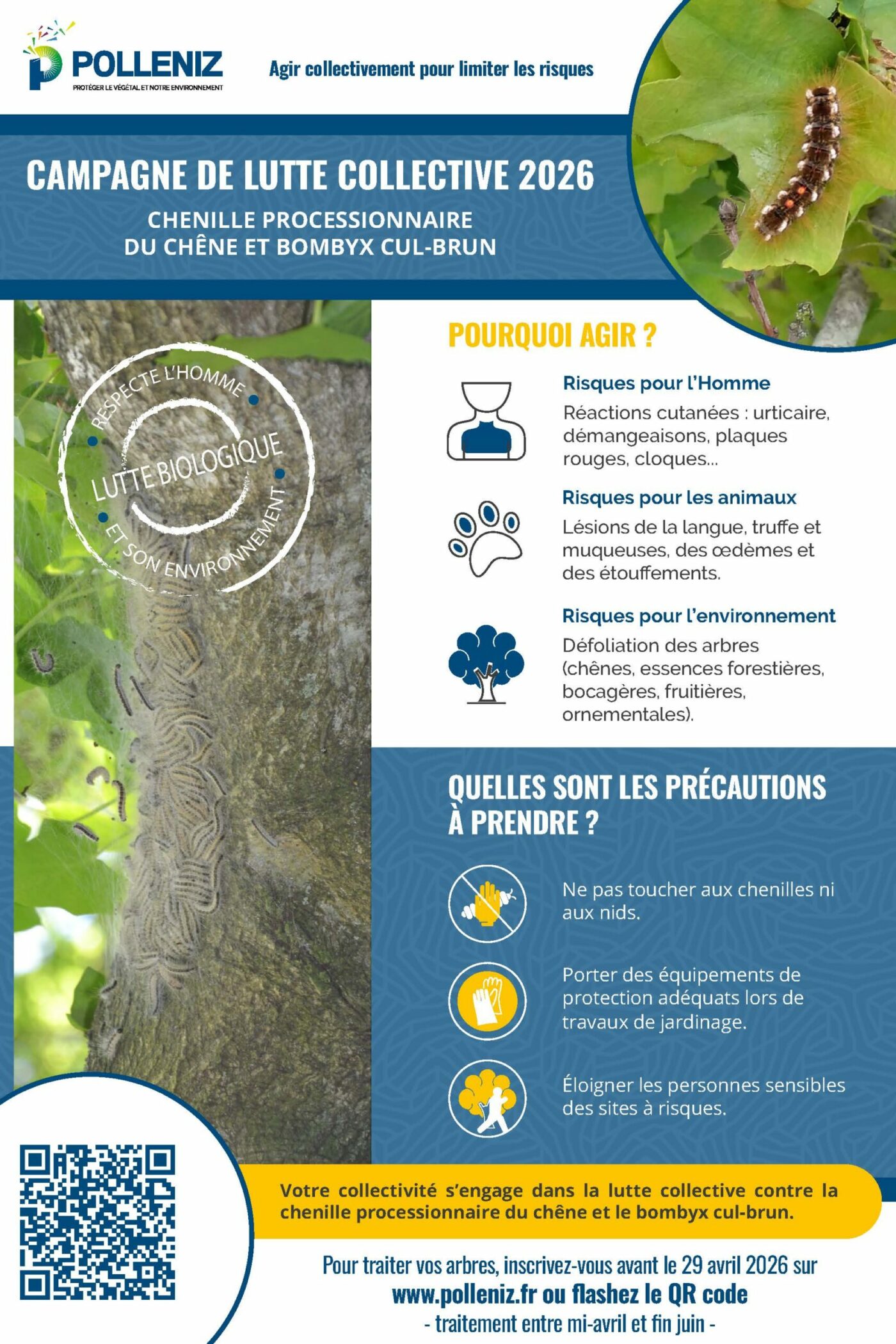 affiche avec photos et icones pour la lutte collective 2026 de la chenille processionnaire du chêne